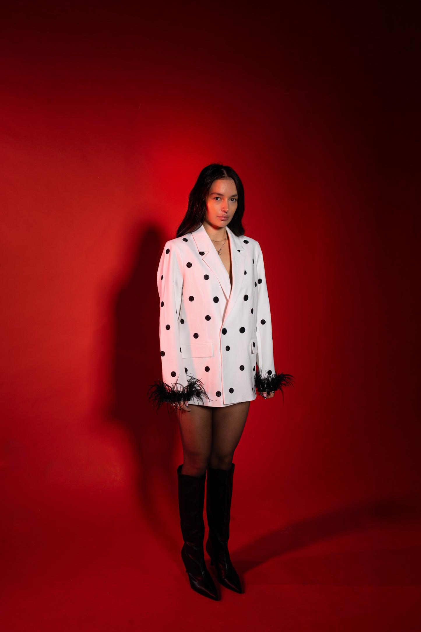 White Polka Dot Blazer with feathers