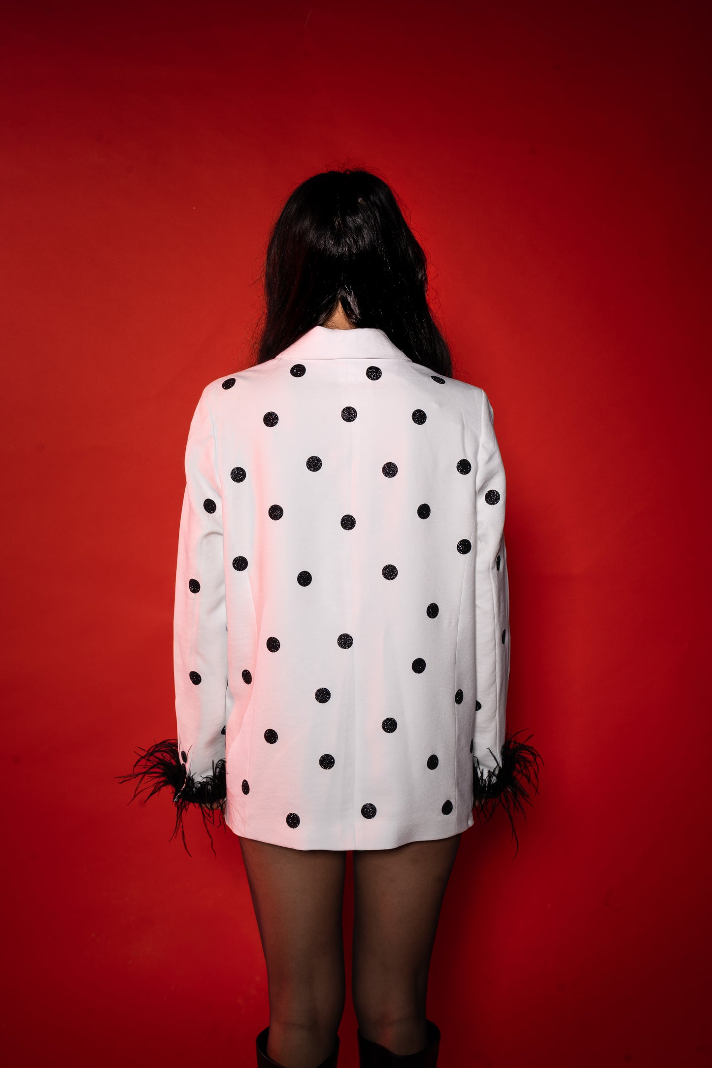 White Polka Dot Blazer with feathers