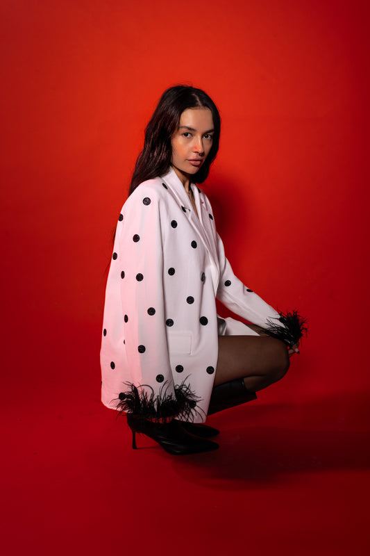 White Polka Dot Blazer with feathers