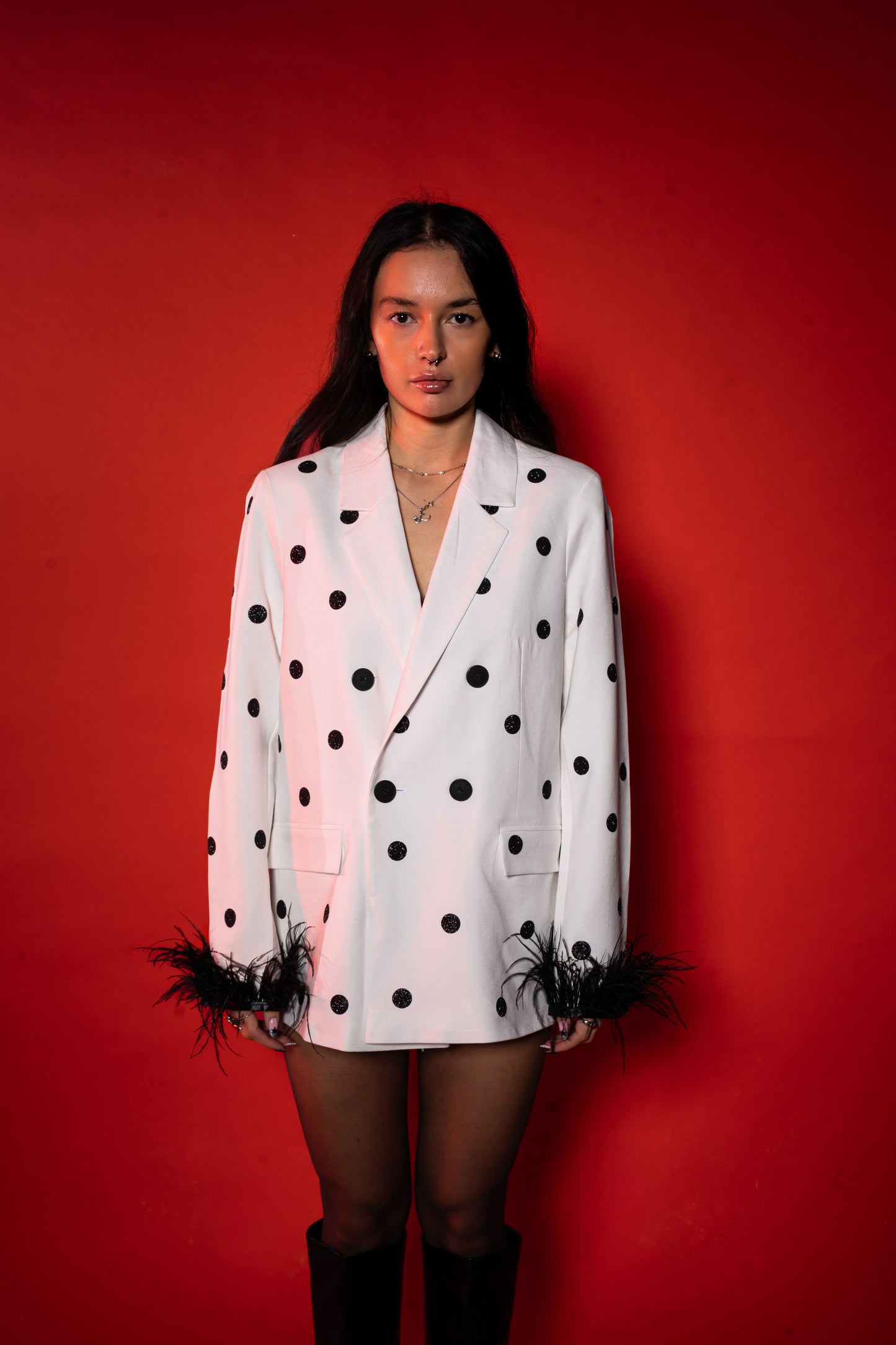 White Polka Dot Blazer with feathers